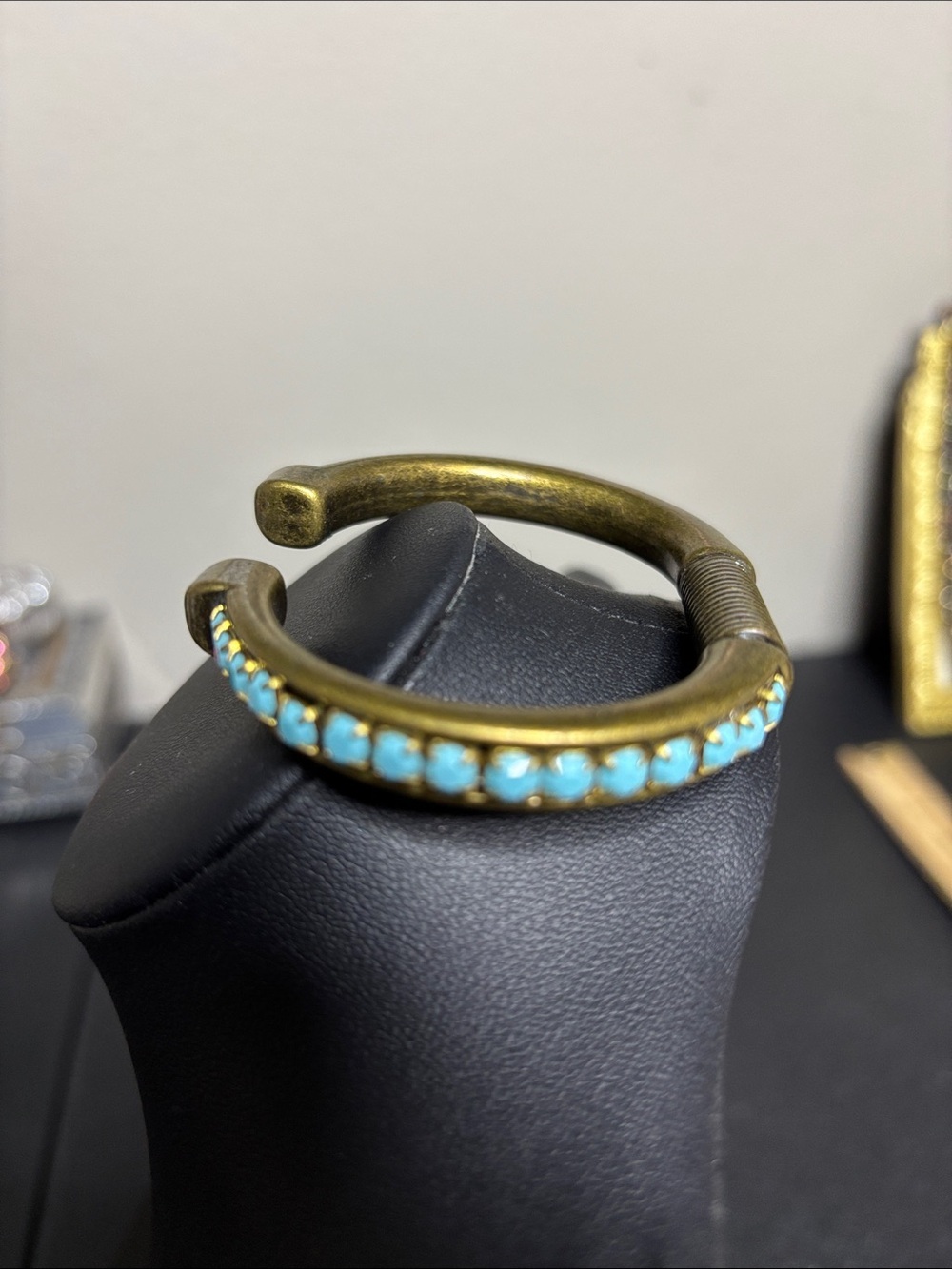 Boho Turquoise Accent Brass Cuff Hinge Bracelet Western - Picture 2 of 8